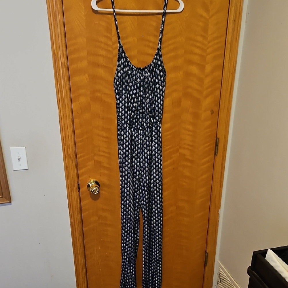 Kaileigh Navy and White Printed Spaghetti-Strap Jumpsuit